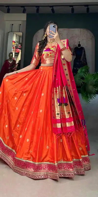 LNB 2005 Orange Jacquard Silk Weaving Zari Lehenga Choli Festive Party Wedding, Events etc. Delivery 4-6 Working Days @3499/- | Bollywood Lehenga, Creative Lehenga, Designer Lehenga, Embroidered Lehenga, Lehenga, Party Wear Lehenga