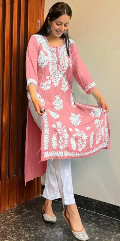 MJF 402 Pink Color Heavy Rayon Cotton Style Embroidery Work Kurti Wedding, Party, Festive, Events Etc. Expected Delivery 4-6 Working Days @1499/- | Bollywood Kurti, Creative Kurtis, Designer Kurti, Kurti, Party Wear Kurti, Selfie Kurti