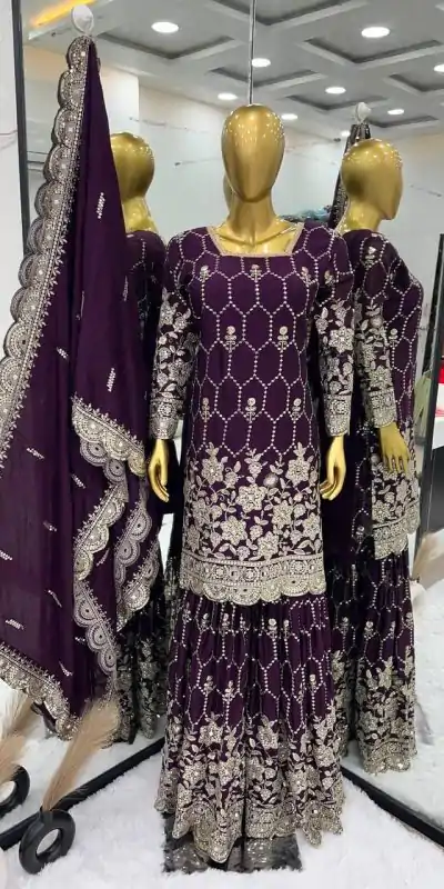 SR 1616 Purple Color Heavy Chinnon Silk Embroidery Work Sharara Suit Wedding, Party, Festive, Events Etc. Expected Delivery 4-6 Working Days @2199Only | Casual Suits, Creative suits, Designer Suits, Palazzo Suits, Party Wear Suits, Salwar suit, Straight Suits