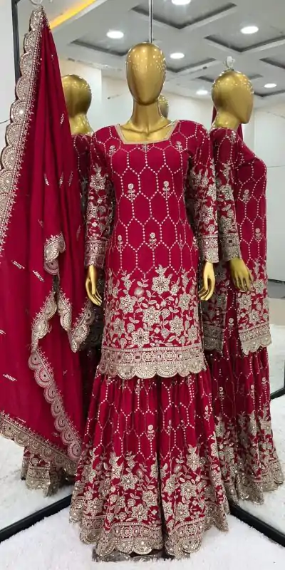 SR 1616 Red Color Heavy Chinnon Silk Embroidery Work Sharara Suit Wedding, Party, Festive, Events Etc. Expected Delivery 4-6 Working Days @2199Only | Casual Suits, Creative suits, Designer Suits, Palazzo Suits, Party Wear Suits, Salwar suit, Straight Suits