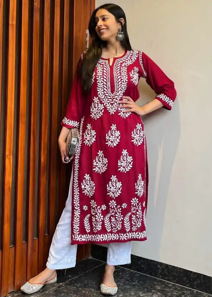 MJF 402 Red  Color Heavy Rayon Cotton Style Embroidery Work Kurti Wedding, Party, Festive, Events Etc.   Expected Delivery 4-6 Working Days @1499/- | Bollywood Kurti, Creative Kurtis, Designer Kurti, Kurti, Party Wear Kurti, Selfie Kurti