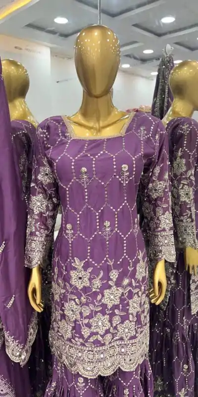 SR 1616 Violet Color Heavy Chinnon Silk Embroidery Work Sharara Suit Wedding, Party, Festive, Events Etc. Expected Delivery 4-6 Working Days @2199Only | Casual Suits, Creative suits, Designer Suits, Palazzo Suits, Party Wear Suits, Salwar suit, Straight Suits