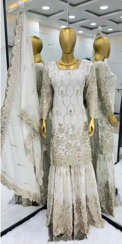 SR 1616 White Color Heavy Chinnon Silk Embroidery Work Sharara Suit Wedding, Party, Festive, Events Etc. Expected Delivery 4-6 Working Days @2199Only | Casual Suits, Creative suits, Designer Suits, Palazzo Suits, Party Wear Suits, Salwar suit, Straight Suits