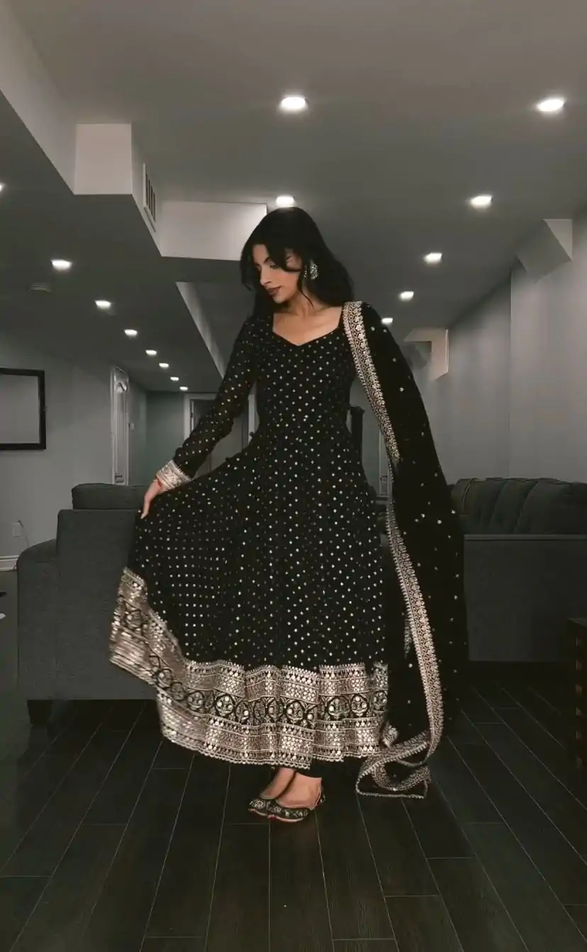 SSR 418 Black Color Georgette Embroidery Sequence Gown Casual, Wedding, Party, Festive, Events Etc. Expected Delivery 4-6 Working Days @2399/- | Bollywood Gowns, Creative Gowns, Designer Gowns, Embroidered Gowns, Gowns, Party Wear Gowns