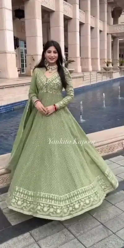 VLM 202 Green Color Georgette Embroidery Sequence Gown Casual, Wedding, Party, Festive, Events Etc. Expected Delivery 4-6 Working Days @2099/- | Bollywood Gowns, Creative Gowns, Designer Gowns, Embroidered Gowns, Gowns, Party Wear Gowns