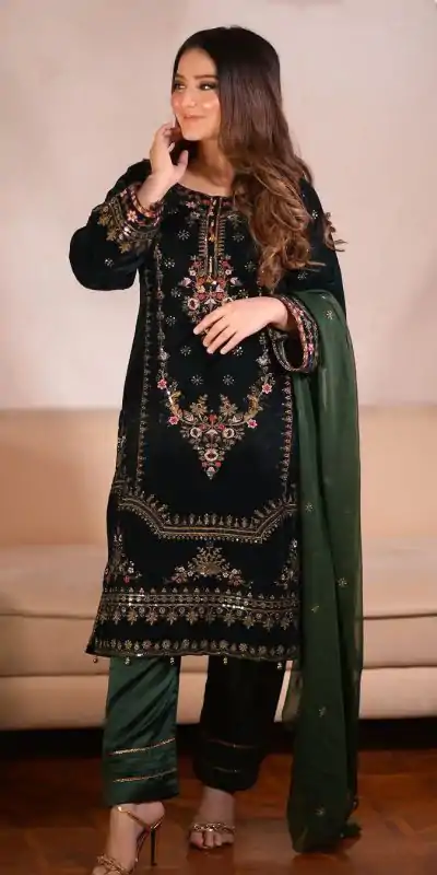 ZF 345 Green Color Viscose Velvet Embroidery Salwar Suit Casual, Wedding, Party, Events Etc. Expected Delivery 4-6 Working Days 1899/- | Casual Suits, Jump Suits, Creative suits, Designer Suits, Palazzo Suits, Party Wear Suits, Patiala Suits, Salwar suit, Straight Suits