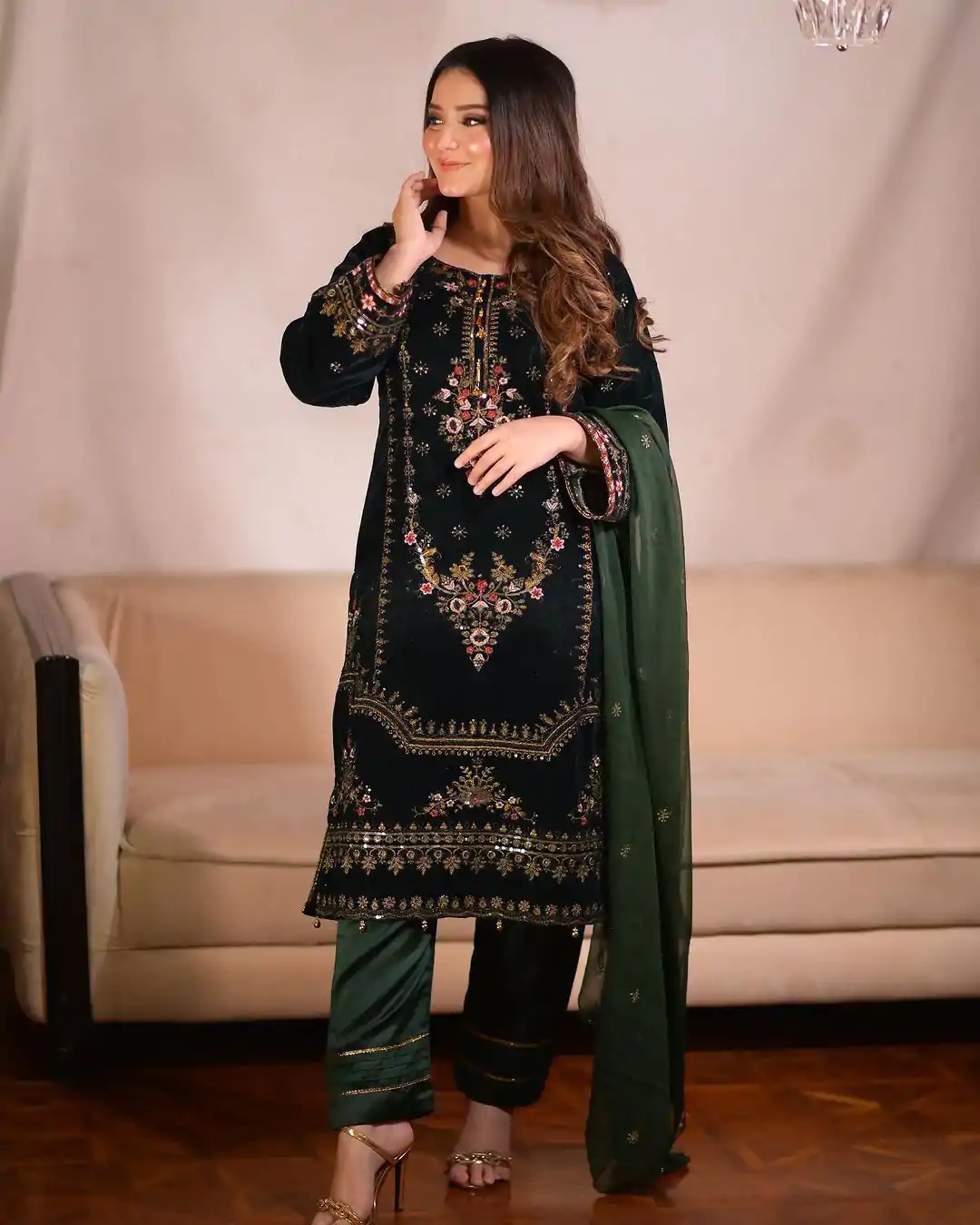ZF 345 Green Color Viscose Velvet Embroidery Salwar Suit Casual, Wedding, Party, Events Etc. Expected Delivery 4-6 Working Days 1899/- | Casual Suits, Jump Suits, Creative suits, Designer Suits, Palazzo Suits, Party Wear Suits, Patiala Suits, Salwar suit, Straight Suits