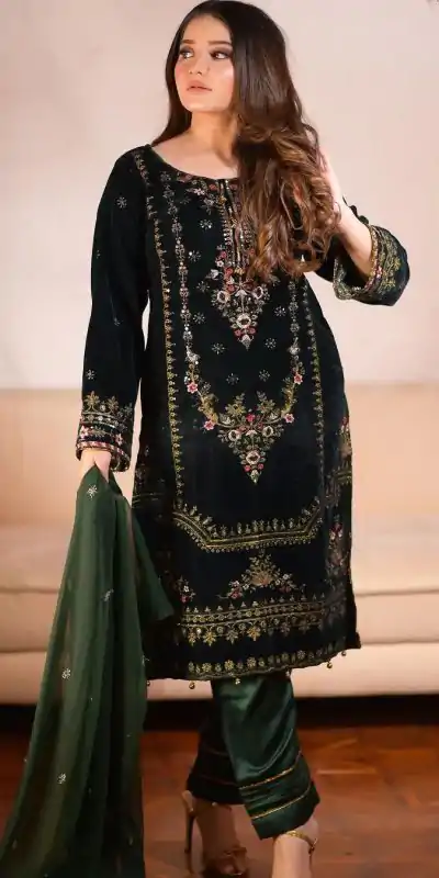 ZF 345 Green Color Viscose Velvet Embroidery Salwar Suit Casual, Wedding, Party, Events Etc. Expected Delivery 4-6 Working Days 1899/- | Casual Suits, Jump Suits, Creative suits, Designer Suits, Palazzo Suits, Party Wear Suits, Patiala Suits, Salwar suit, Straight Suits