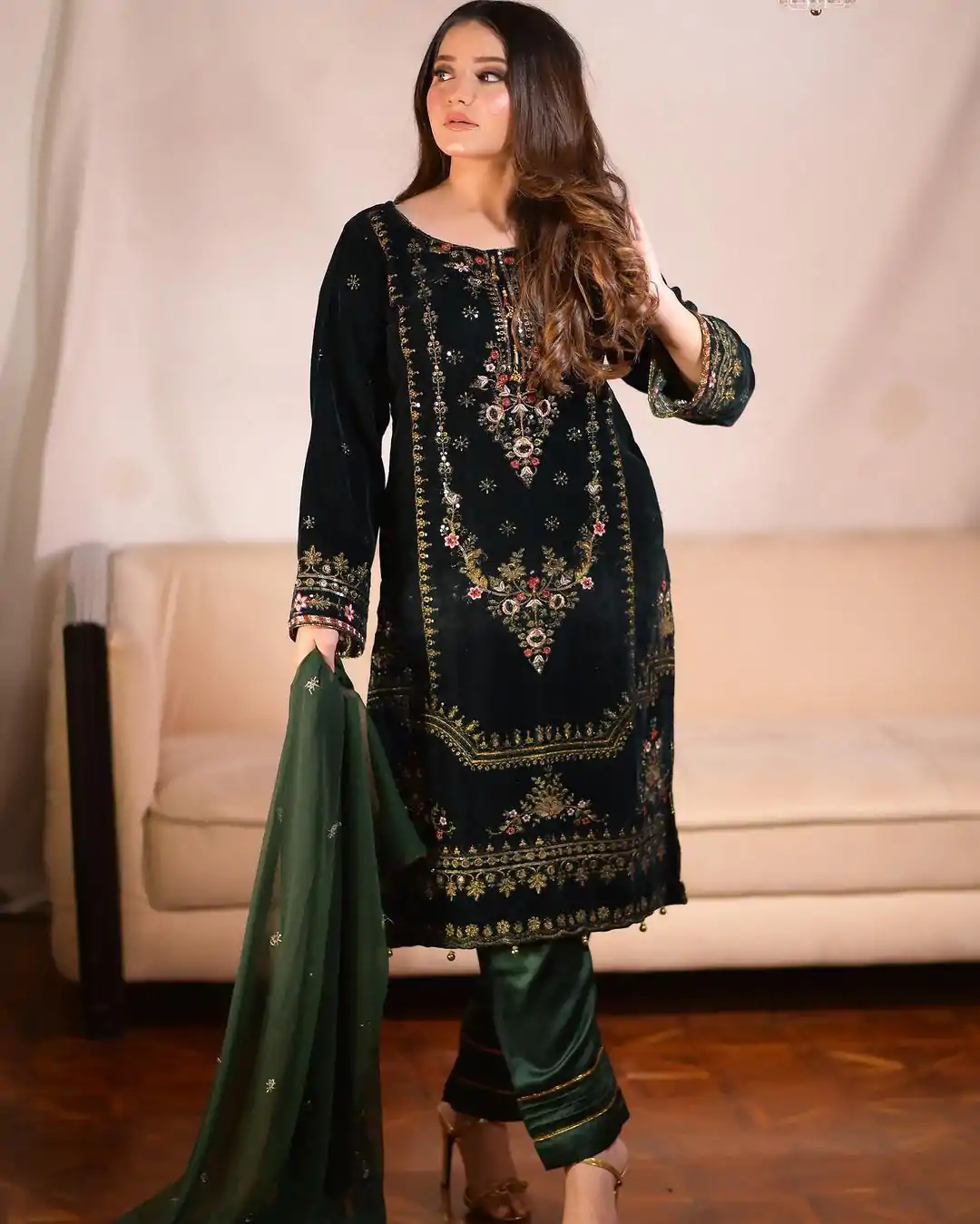 ZF 345 Green Color Viscose Velvet Embroidery Salwar Suit Casual, Wedding, Party, Events Etc. Expected Delivery 4-6 Working Days 1899/- | Casual Suits, Jump Suits, Creative suits, Designer Suits, Palazzo Suits, Party Wear Suits, Patiala Suits, Salwar suit, Straight Suits