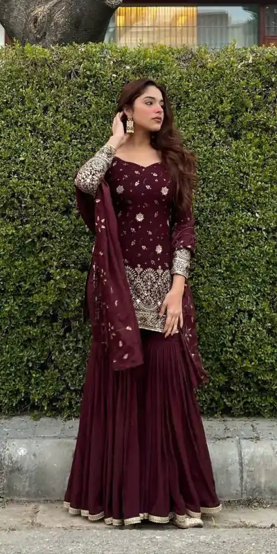 RTC 5719 Maroon Color Foix Georgette Thread Sequence Work Salwar Suit Wedding, Party, Festive, Events Etc. Expected Delivery 4-6 Working Days @1949/- | Casual Suits, Jump Suits, Creative suits, Designer Suits, Palazzo Suits, Party Wear Suits, Patiala Suits, Salwar suit, Straight Suits