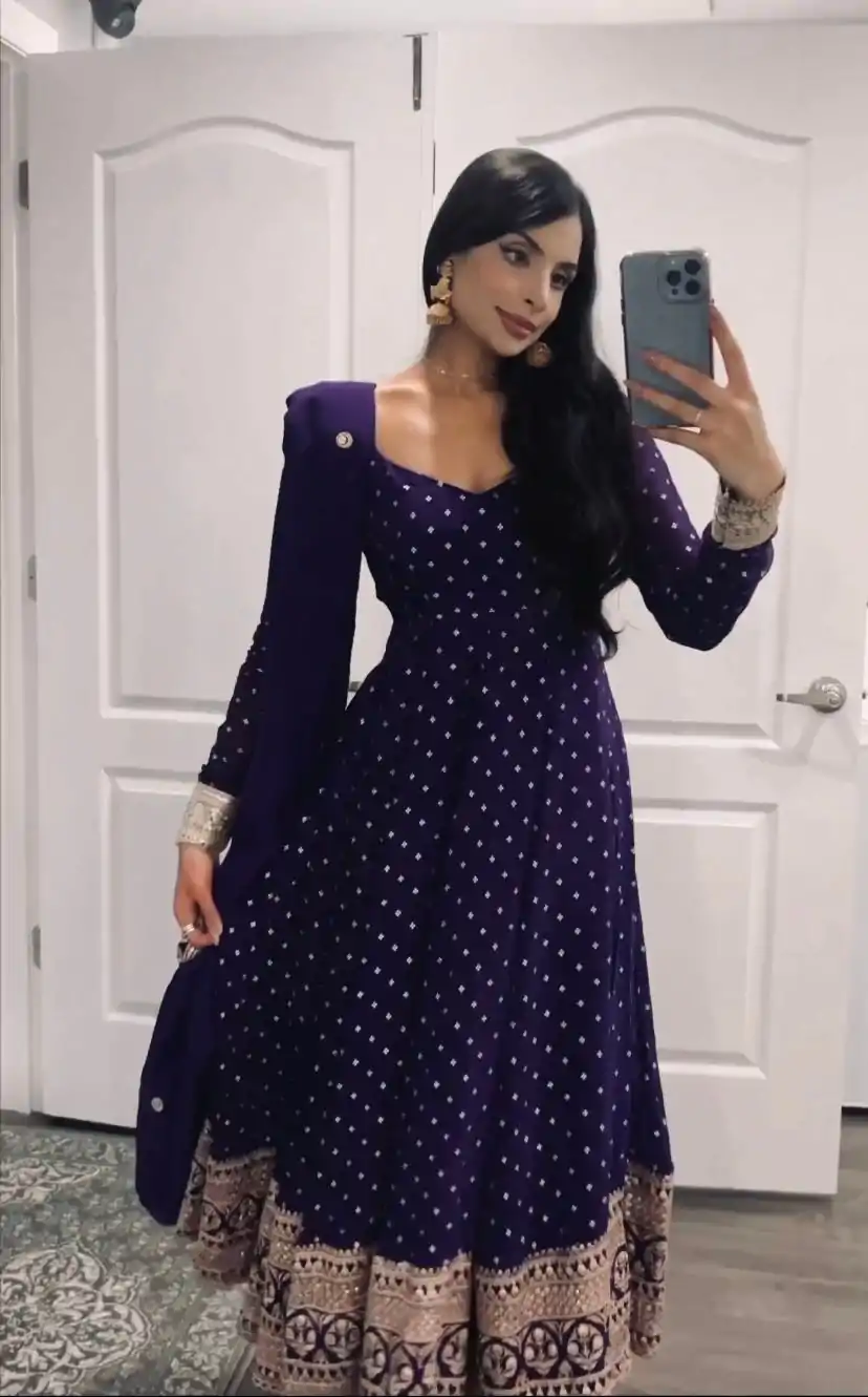SSR 418 Violet Color Georgette Embroidery Sequence Gown Casual, Wedding, Party, Festive, Events Etc. Expected Delivery 4-6 Working Days @2399/- | Bollywood Gowns, Creative Gowns, Designer Gowns, Embroidered Gowns, Gowns, Party Wear Gowns