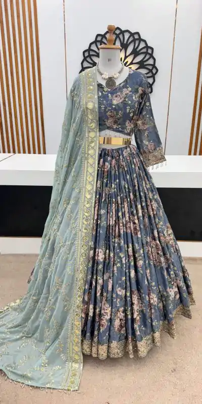 ZSR 3073 Blue Color Chinon Silk Digital Printed Lehenga Choli Wedding, Party, Events Etc. Expected Delivery 4-6 Working Days 2399/- | Creative Lehenga, Bollywood Lehenga, Designer Lehenga, Embroidered Lehenga, Lehenga, Party Wear Lehenga