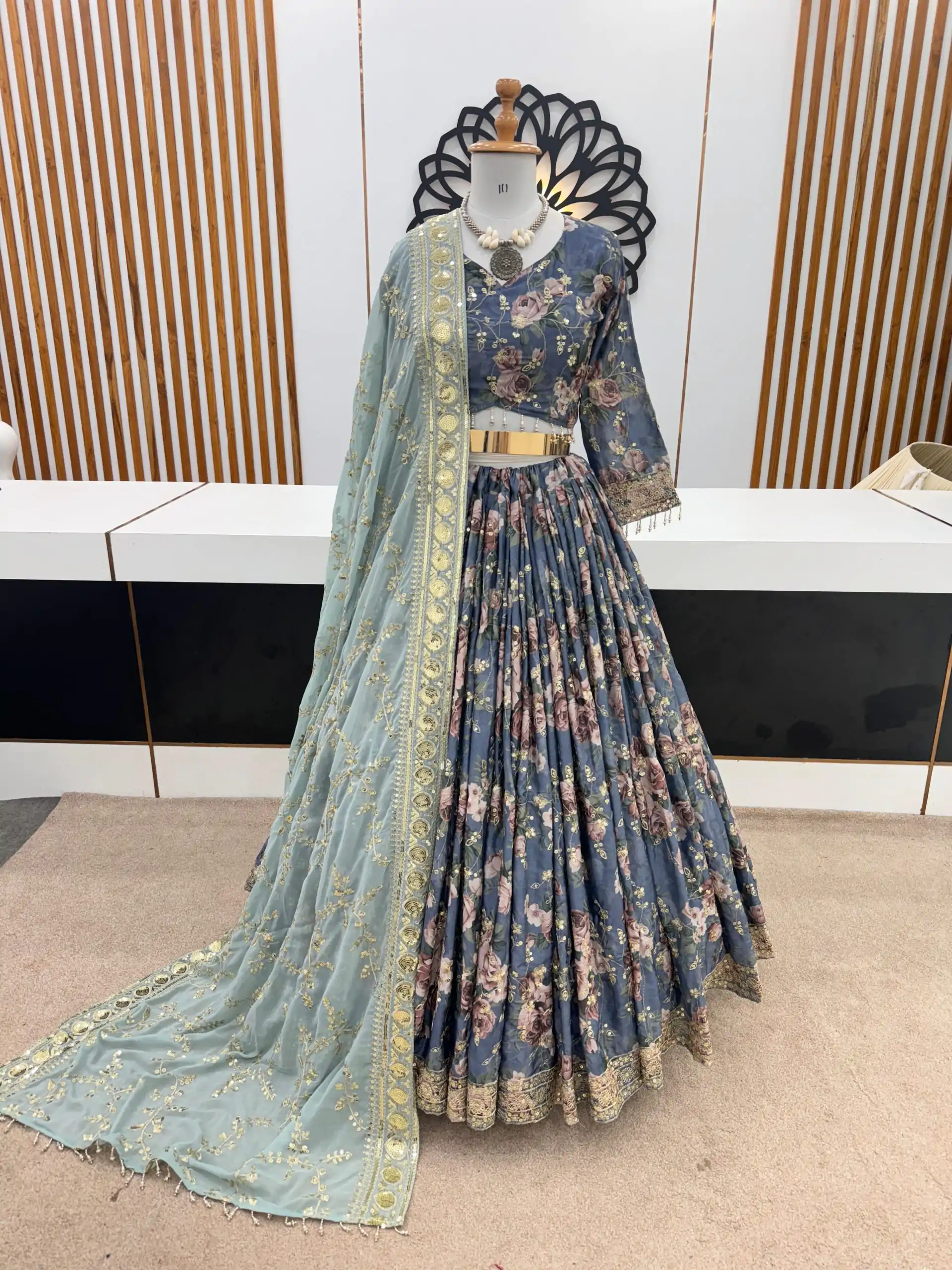 ZSR 3073 Blue Color Chinon Silk Digital Printed Lehenga Choli Wedding, Party, Events Etc. Expected Delivery 4-6 Working Days 2399/- | Creative Lehenga, Bollywood Lehenga, Designer Lehenga, Embroidered Lehenga, Lehenga, Party Wear Lehenga