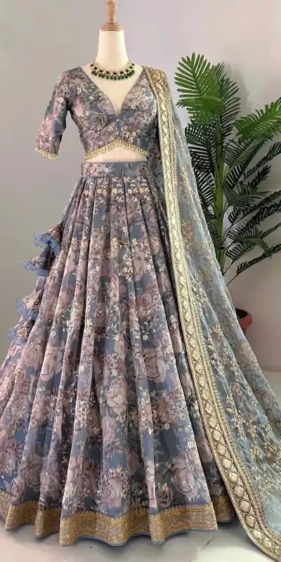 ZSR 3073 Blue Color Chinon Silk Digital Printed Lehenga Choli Wedding, Party, Events Etc. Expected Delivery 4-6 Working Days 2399/- | Creative Lehenga, Bollywood Lehenga, Designer Lehenga, Embroidered Lehenga, Lehenga, Party Wear Lehenga