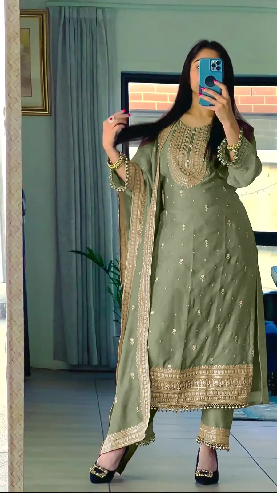 NSR 814 Green Color Pure Chinnon Silk Embroidery Sequence Salwar Suit Casual, Party Festive, Events Etc. Expected Delivery 4-6 Working Days @2049/- | Casual Suits, Jump Suits, Creative suits, Designer Suits, Palazzo Suits, Party Wear Suits, Patiala Suits, Salwar suit, Straight Suits