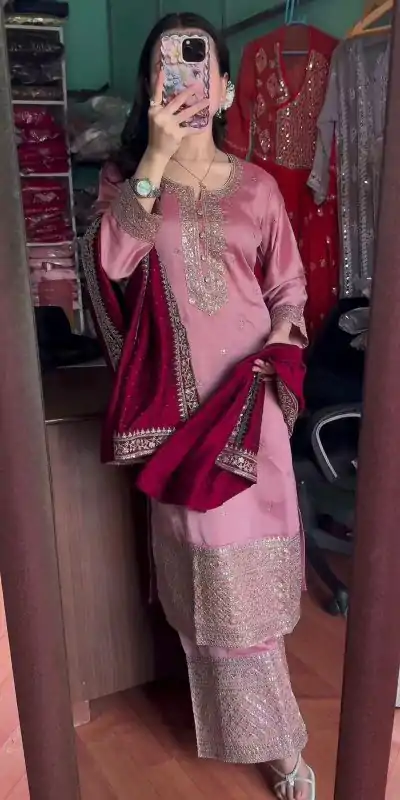 SRK 5140 Peach Color Pure Chinnon Silk Embroidery Sequence Salwar Suit Wedding, Party, Festive, Events Expected Delivery 4-6 Working Days @ 1899/- | Casual Suits, Jump Suits, Creative suits, Designer Suits, Palazzo Suits, Party Wear Suits, Patiala Suits, Salwar suit, Straight Suits