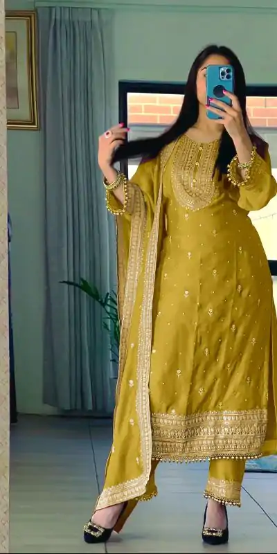 NSR 814 Yellow Color Pure Chinnon Silk Embroidery Sequence Salwar Suit Casual, Party Festive, Events Etc. Expected Delivery 4-6 Working Days @2049/- | Casual Suits, Jump Suits, Creative suits, Designer Suits, Palazzo Suits, Party Wear Suits, Patiala Suits, Salwar suit, Straight Suits