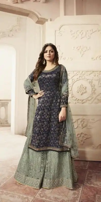 FC L.t 5401 Blue Color Jacquard Silk Georgette Diamond Sharara Suit Wedding, Party, Festive Expected Delivery 4-6 Working Days  @2999/- | Casual Suits, Jump Suits, Creative suits, Designer Suits, Palazzo Suits, Party Wear Suits, Patiala Suits, Salwar suit, Straight Suits