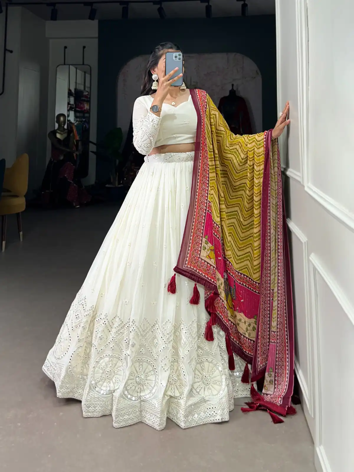 LNB 1500 White Color Georgette Lucknowi Paper Mirror Lehenga Choli Festive Party Wedding, Events etc. Delivery 4-6 Working Days @3499/- | Creative Lehenga, Bollywood Lehenga, Designer Lehenga, Embroidered Lehenga, Lehenga, Party Wear Lehenga