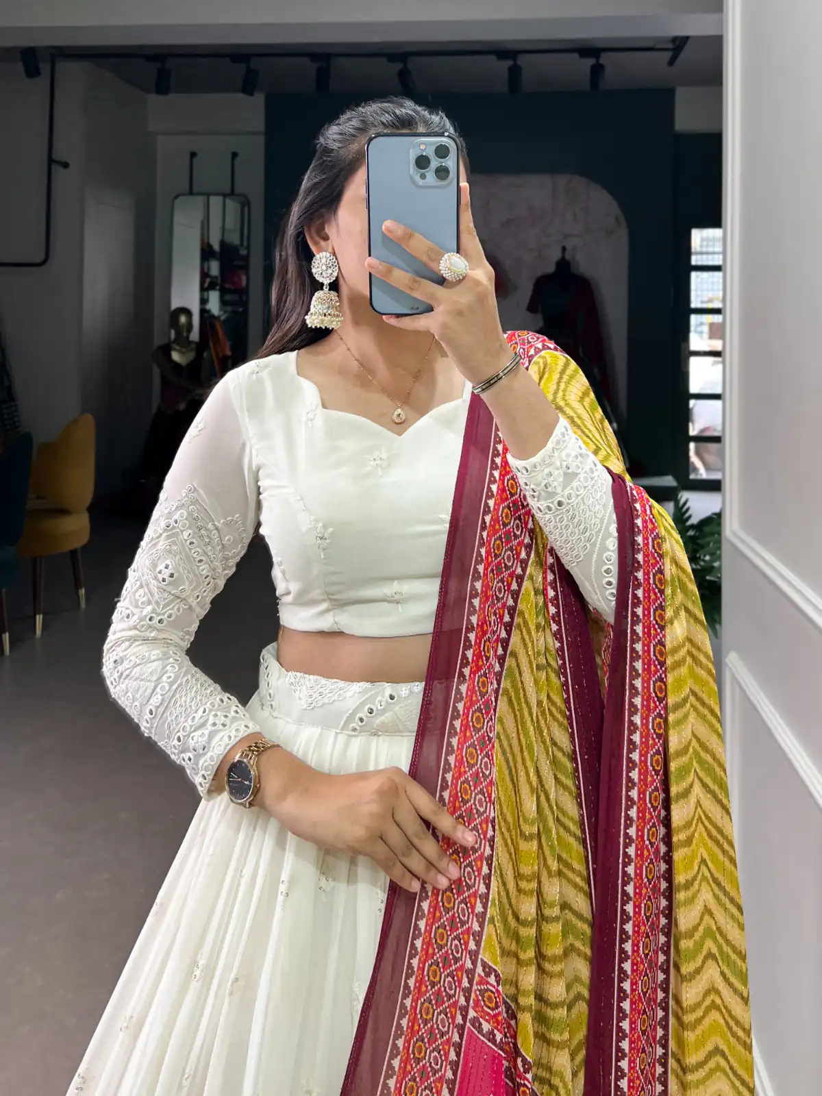 LNB 1500 White Color Georgette Lucknowi Paper Mirror Lehenga Choli Festive Party Wedding, Events etc. Delivery 4-6 Working Days @3499/- | Creative Lehenga, Bollywood Lehenga, Designer Lehenga, Embroidered Lehenga, Lehenga, Party Wear Lehenga
