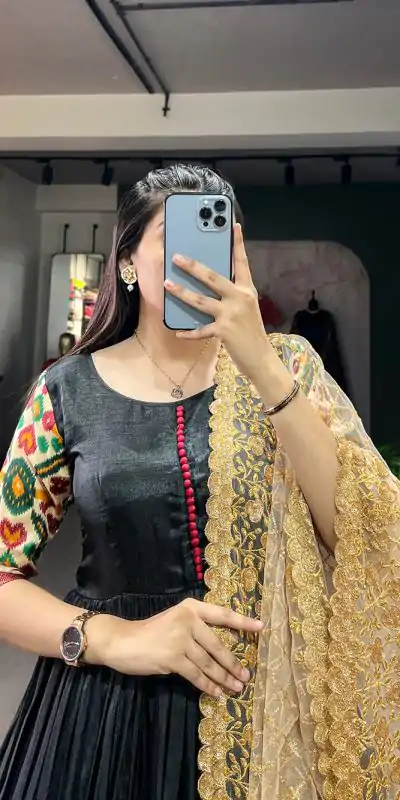 YNF 5033 Black Color Dola Silk Printed Foil Work Gown (With Dupatta ) Casual, Wedding, Festive, Events, Designer Party Wear, Delivery 4-6 Working Days @1999 | Bollywood Gowns, Creative Gowns, Designer Gowns, Embroidered Gowns, Gowns, Party Wear Gowns