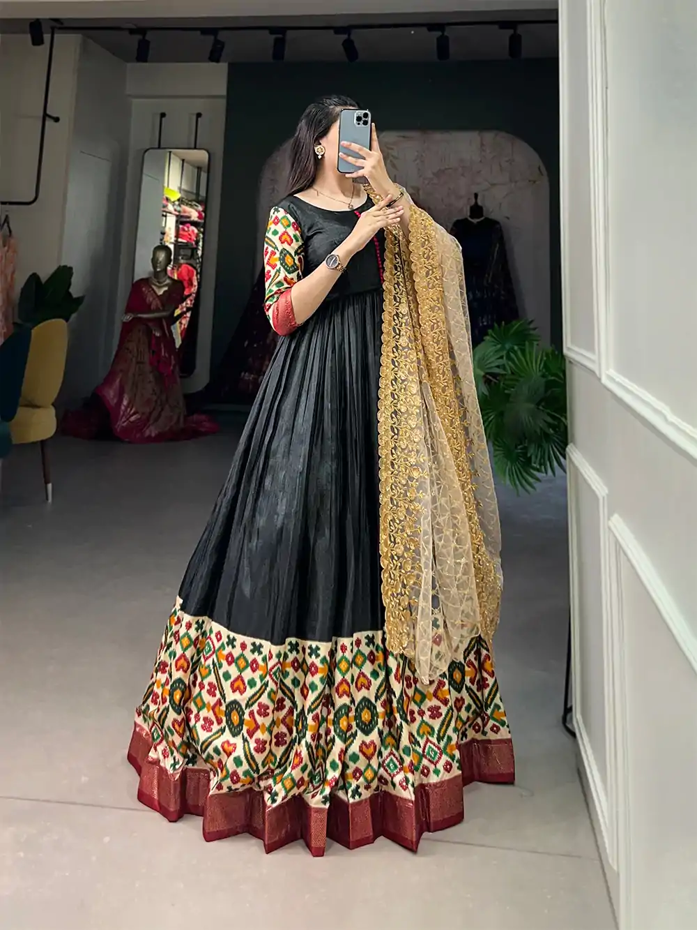 YNF 5033 Black Color Dola Silk Printed Foil Work Gown (With Dupatta ) Casual, Wedding, Festive, Events, Designer Party Wear, Delivery 4-6 Working Days @1999 | Bollywood Gowns, Creative Gowns, Designer Gowns, Embroidered Gowns, Gowns, Party Wear Gowns