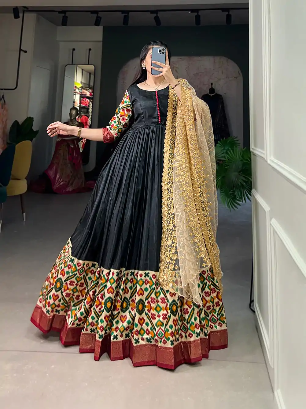 YNF 5033 Black Color Dola Silk Printed Foil Work Gown (With Dupatta ) Casual, Wedding, Festive, Events, Designer Party Wear, Delivery 4-6 Working Days @1999 | Bollywood Gowns, Creative Gowns, Designer Gowns, Embroidered Gowns, Gowns, Party Wear Gowns