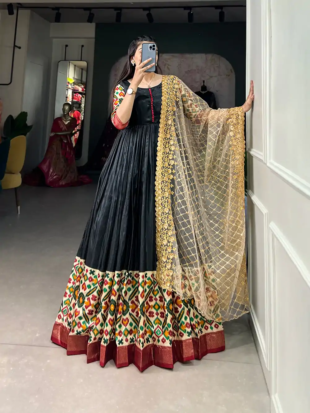 YNF 5033 Black Color Dola Silk Printed Foil Work Gown (With Dupatta ) Casual, Wedding, Festive, Events, Designer Party Wear, Delivery 4-6 Working Days @1999 | Bollywood Gowns, Creative Gowns, Designer Gowns, Embroidered Gowns, Gowns, Party Wear Gowns