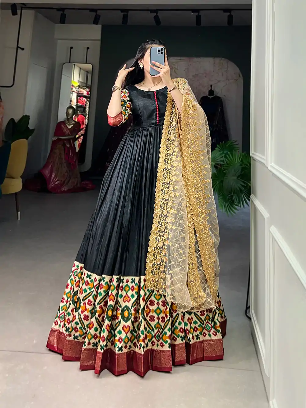 YNF 5033 Black Color Dola Silk Printed Foil Work Gown (With Dupatta ) Casual, Wedding, Festive, Events, Designer Party Wear, Delivery 4-6 Working Days @1999 | Bollywood Gowns, Creative Gowns, Designer Gowns, Embroidered Gowns, Gowns, Party Wear Gowns