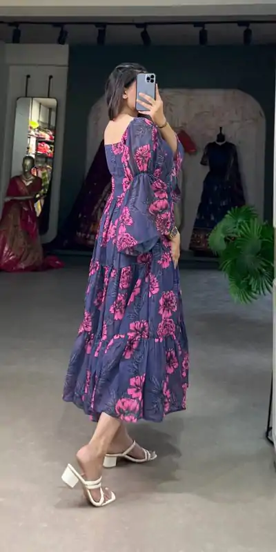 YNF 5014 Navy Blue Color Georgette Floral Printed Work Gown Casual, Wedding, Festive, Events, Designer Party Wear, Delivery 4-6 Working Days @1849 | Bollywood Gowns, Creative Gowns, Designer Gowns, Embroidered Gowns, Gowns, Party Wear Gowns