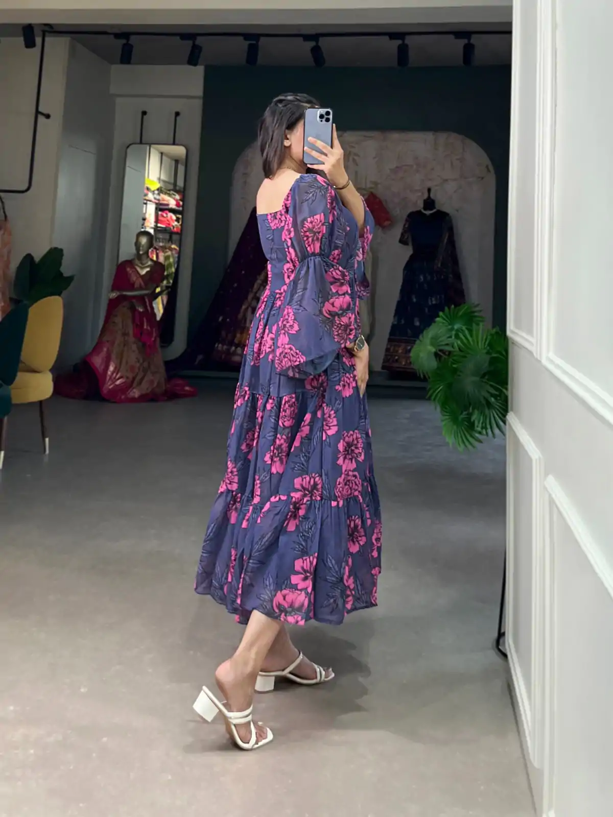 YNF 5014 Navy Blue Color Georgette Floral Printed Work Gown Casual, Wedding, Festive, Events, Designer Party Wear, Delivery 4-6 Working Days @1849 | Bollywood Gowns, Creative Gowns, Designer Gowns, Embroidered Gowns, Gowns, Party Wear Gowns