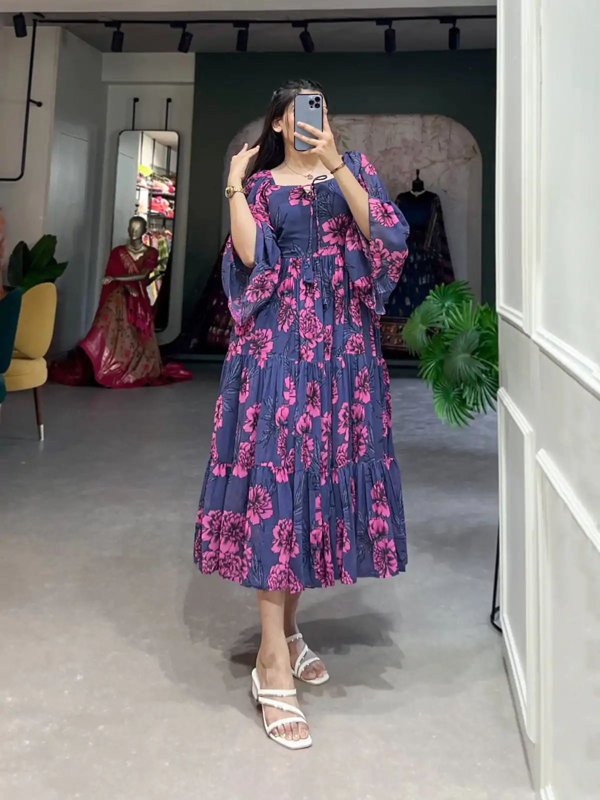 YNF 5014 Navy Blue Color Georgette Floral Printed Work Gown Casual, Wedding, Festive, Events, Designer Party Wear, Delivery 4-6 Working Days @1849 | Bollywood Gowns, Creative Gowns, Designer Gowns, Embroidered Gowns, Gowns, Party Wear Gowns