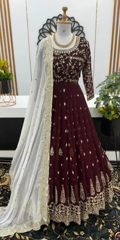 SR 1584 Maroon Color Georgette Embroidery Sequence Gown Casual, Wedding, Party, Festive, Events Etc. Expected Delivery 4-6 Working Days @2199/- | Bollywood Gowns, Creative Gowns, Designer Gowns, Embroidered Gowns, Gowns, Party Wear Gowns