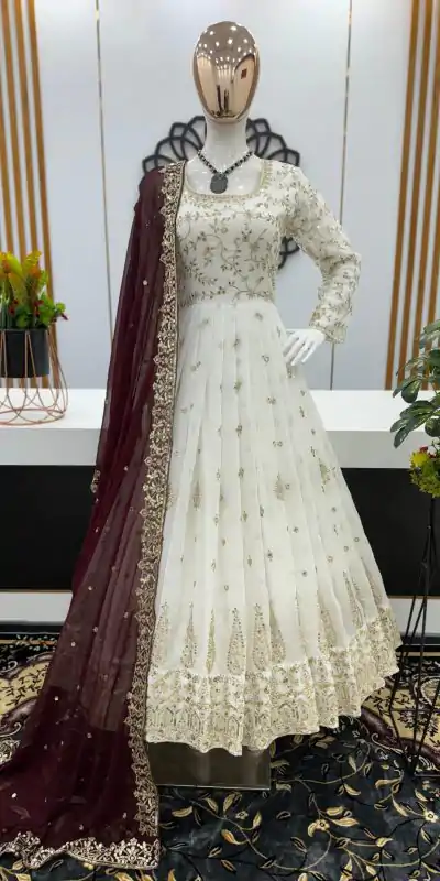 SR 1584 White Color Georgette Embroidery Sequence Gown Casual, Wedding, Party, Festive, Events Etc. Expected Delivery 4-6 Working Days @2199/- | Bollywood Gowns, Creative Gowns, Designer Gowns, Embroidered Gowns, Gowns, Party Wear Gowns