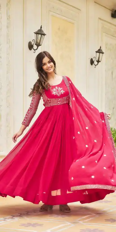 Ram 025 Pink Color Georgette Sequence Embroidery Gown Casual, Wedding, Festive, Events Expected Delivery 4-6 Working Days @1999/- | Bollywood Gowns, Creative Gowns, Designer Gowns, Embroidered Gowns, Gowns, Party Wear Gowns