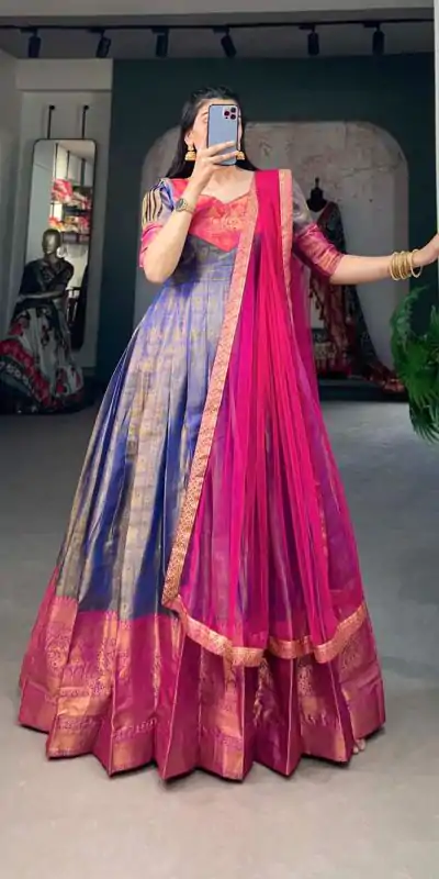 YNF 5307 Blue Color Kanjivaram Zari Weaving Work Gown Casual, Wedding, Festive, Events, Designer Party Wear, Delivery 4-6 Working Days @1849 | Bollywood Gowns, Creative Gowns, Designer Gowns, Embroidered Gowns, Gowns, Party Wear Gowns