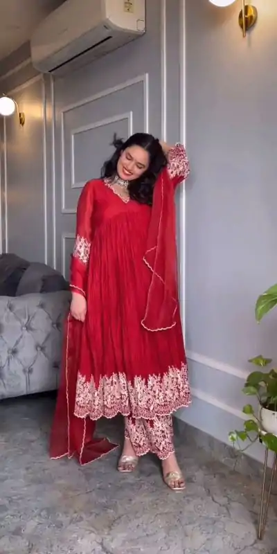 NF 1205 Red Color Chinon Silk Embroidery Salwar Suit Casual, Wedding, Party, Festive, Events . Expected Delivery  4-6 Working Days @2149 | Casual Suits, Creative suits, Designer Suits, Palazzo Suits, Party Wear Suits, Patiala Suits, Salwar suit, Straight Suits