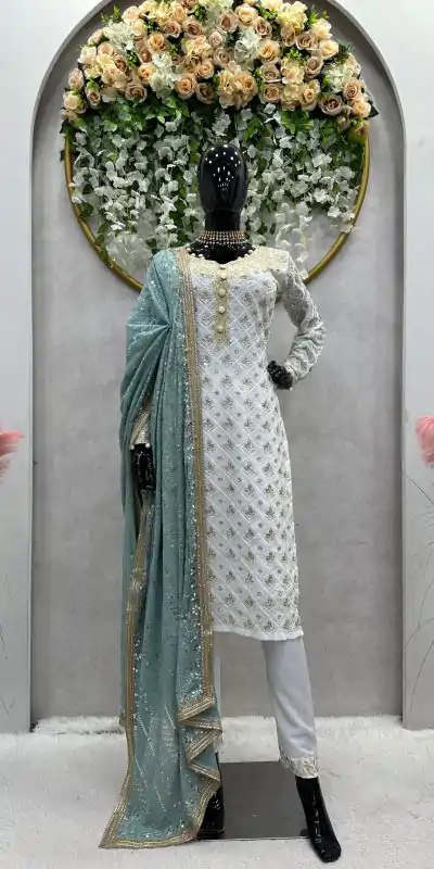 RTC 5699 White & Firozi Color Foix Georgette Thread Sequence Work Salwar Suit Wedding, Party, Festive, Events Etc. Expected Delivery 4-6 Working Days @2499/ | Casual Suits, Jump Suits, Creative suits, Designer Suits, Palazzo Suits, Party Wear Suits, Patiala Suits, Salwar suit, Straight Suits