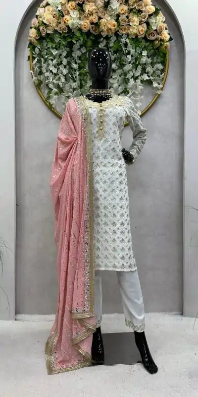 RTC 5699 White & Pink Color Foix Georgette Thread Sequence Work Salwar Suit Wedding, Party, Festive, Events Etc. Expected Delivery 4-6 Working Days @2499/ | Casual Suits, Jump Suits, Creative suits, Designer Suits, Palazzo Suits, Party Wear Suits, Patiala Suits, Salwar suit, Straight Suits