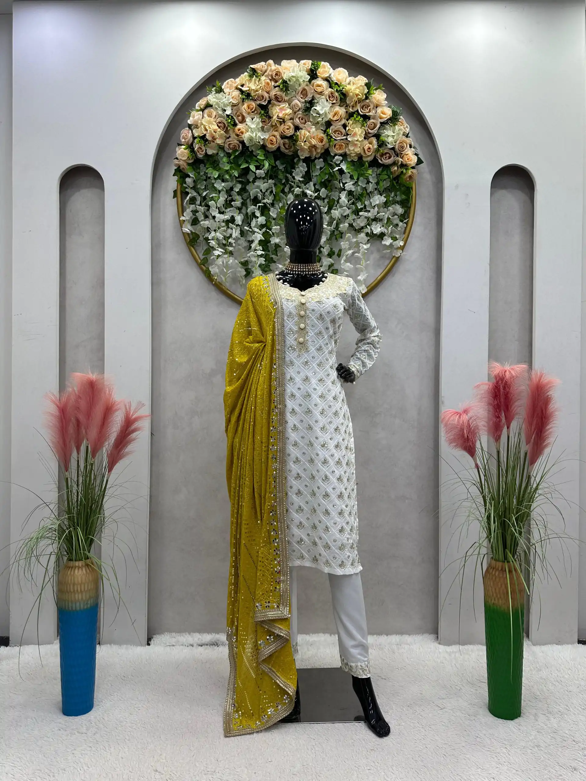 RTC 5699 White & Yellow Color Foix Georgette Thread Sequence Work Salwar Suit Wedding, Party, Festive, Events Etc. Expected Delivery 4-6 Working Days @2499/ | Casual Suits, Jump Suits, Creative suits, Designer Suits, Palazzo Suits, Party Wear Suits, Patiala Suits, Salwar suit, Straight Suits