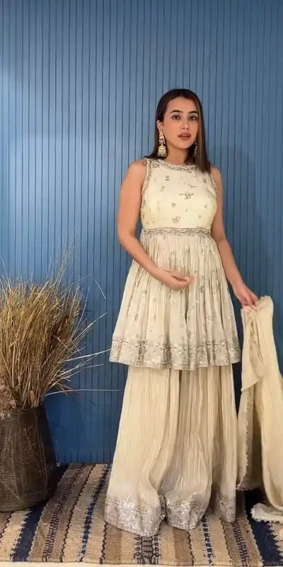 SSR 483 Cream Color Georgette Embroidery Sequence Salwar Suit Wedding, Party, Festive, Events Expected Delivery 4-6 Working Days @ 2049/- | Casual Suits, Jump Suits, Creative suits, Designer Suits, Palazzo Suits, Party Wear Suits, Patiala Suits, Salwar suit, Straight Suits