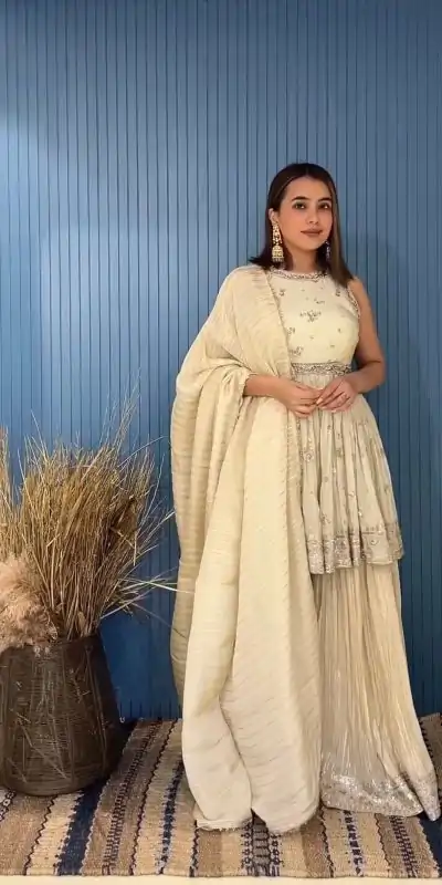 SSR 483 Cream Color Georgette Embroidery Sequence Salwar Suit Wedding, Party, Festive, Events Expected Delivery 4-6 Working Days @ 2049/- | Casual Suits, Jump Suits, Creative suits, Designer Suits, Palazzo Suits, Party Wear Suits, Patiala Suits, Salwar suit, Straight Suits