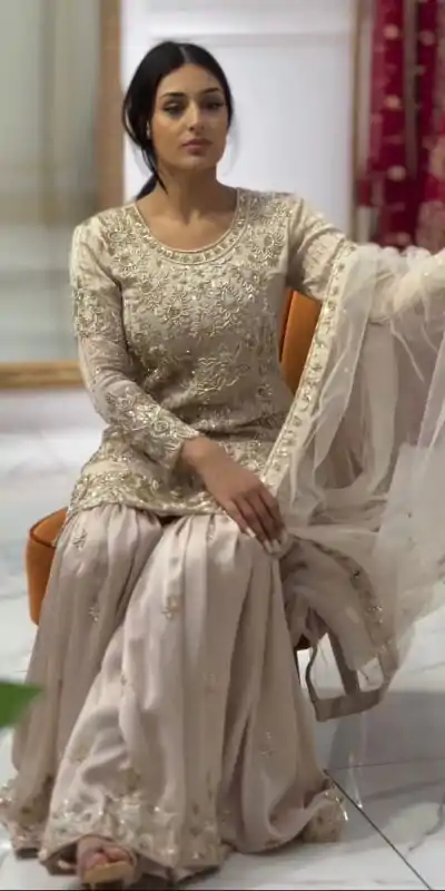 ZSR 3078 Cream Color Georgette Embroidery Sequence Sharara Suit Casual, Wedding, Party, Festive, Events Etc. Expected Delivery 4-6 Working Days @2149/- | Casual Suits, Jump Suits, Creative suits, Designer Suits, Palazzo Suits, Party Wear Suits, Patiala Suits, Salwar suit, Straight Suits