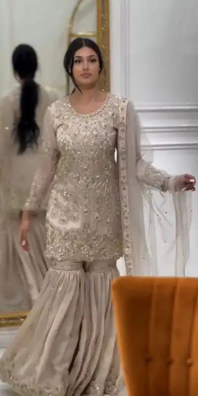 ZSR 3078 Cream Color Georgette Embroidery Sequence Sharara Suit Casual, Wedding, Party, Festive, Events Etc. Expected Delivery 4-6 Working Days @2149/- | Casual Suits, Jump Suits, Creative suits, Designer Suits, Palazzo Suits, Party Wear Suits, Patiala Suits, Salwar suit, Straight Suits