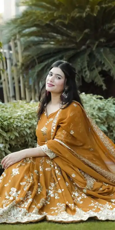 NF 1227 Mustard Color Georgette Embroidery Sequence Salwar Suit Casual, Wedding, Party, Festive, Events . Expected Delivery 4-6 Working Days @2449 | Anarkali Suits, Bollywood Anarkali, Creative-Anarkali, Designer Anarkali, Embroidered Anarkali, Party Wear Anarkali