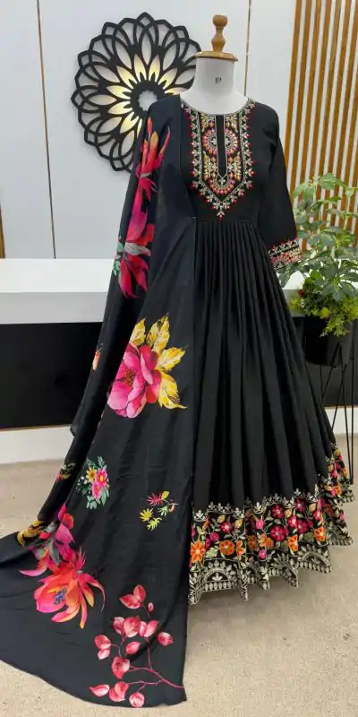 ZF 385 Black Color Chinon Silk Embroidery Sequence Gonw Casual, Wedding, Party, Festive, Events Etc. Expected Delivery 4-6 Working Days @2099/- | Bollywood Gowns, Creative Gowns, Designer Gowns, Embroidered Gowns, Gowns, Party Wear Gowns