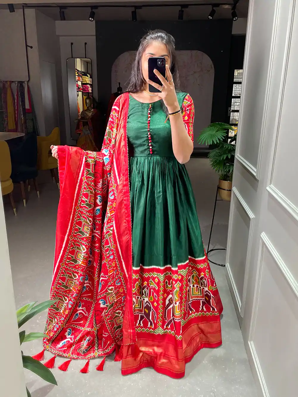 YNF 5023 Green Color Dola Silk Patola Foil Printed Work Gown Casual, Wedding, Festive, Events, Designer Party Wear, Delivery 4-6 Working Days @1799 | Bollywood Gowns, Creative Gowns, Designer Gowns, Embroidered Gowns, Gowns, Party Wear Gowns