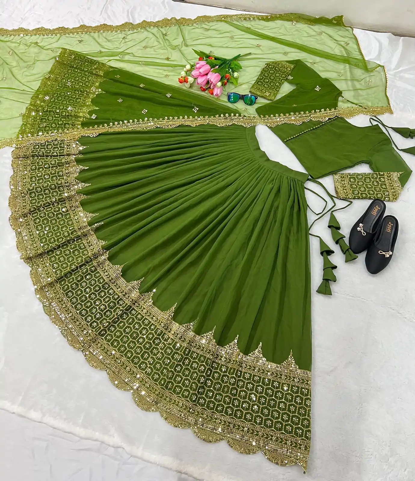 ZF 204 Green Color Faux Georgette Heavy Embroidery Sequence Work Lehenga Choli Wedding, Party, Events Etc. Expected Delivery 4-6 Working Days 1899/- | Creative Lehenga, Bollywood Lehenga, Designer Lehenga, Embroidered Lehenga, Lehenga, Party Wear Lehenga