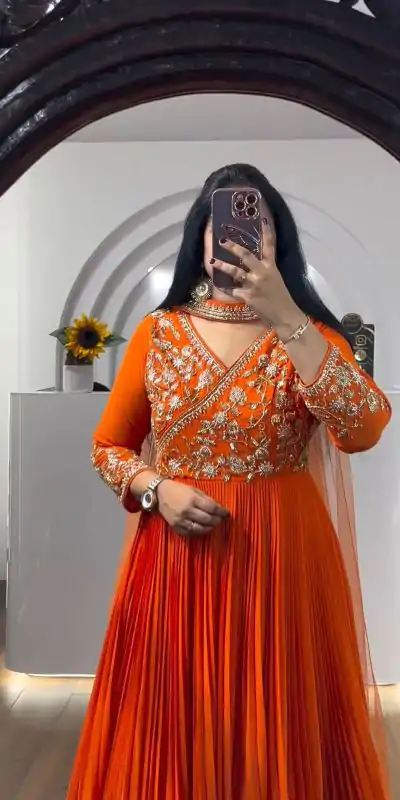 PC 421 Orange Color Fox Georgette Embroidery Sequence Gown Casual, Party Wear, Events, Festivals Wear Expected Delivery 4-6 Working Days @1629/- | Bollywood Gowns, Creative Gowns, Designer Gowns, Embroidered Gowns, Gowns, Party Wear Gowns