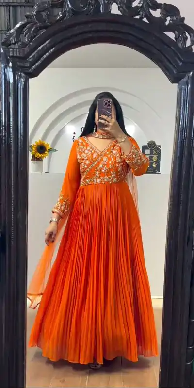 PC 421 Orange Color Fox Georgette Embroidery Sequence Gown Casual, Party Wear, Events, Festivals Wear Expected Delivery 4-6 Working Days @1629/- | Bollywood Gowns, Creative Gowns, Designer Gowns, Embroidered Gowns, Gowns, Party Wear Gowns